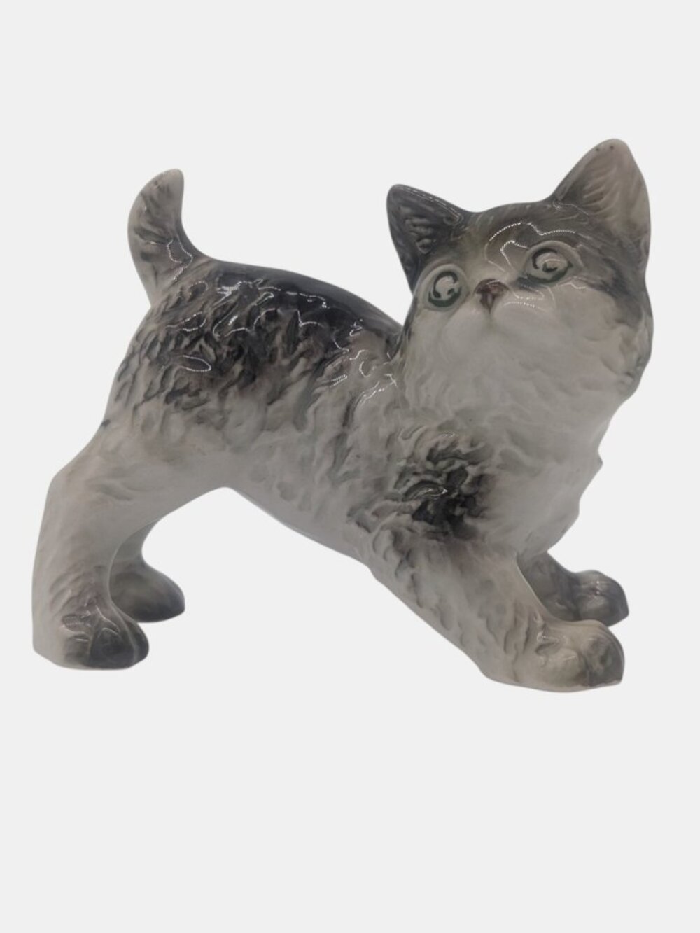 Vintage Cat Kitten Feline Figurine Dark Light Gray Green Eyes No Company Mark